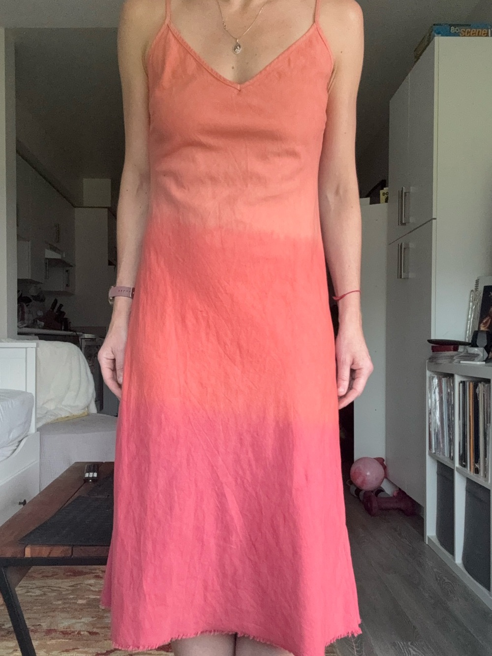 MOTHER Move It Sunset Dip Dye Slip Dress Coral Pink Raw Hem